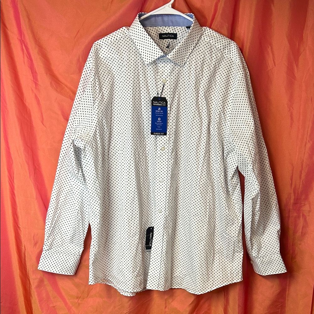 Nautica NWT Men's White and Blue Dot Patterned Shirt Size 18 1/2, 34-35 XXL